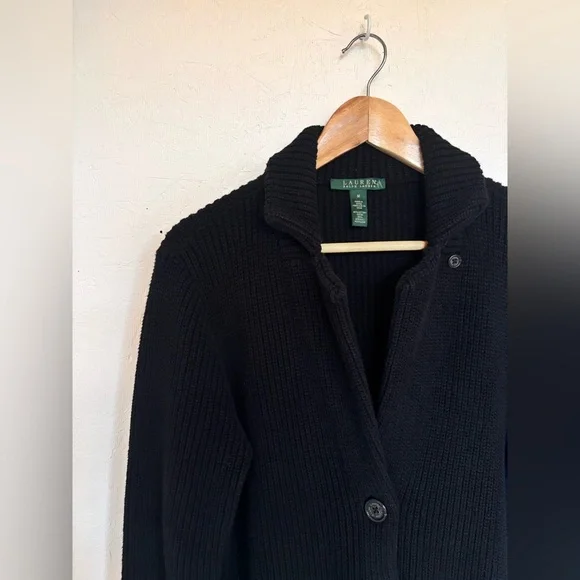 Ralph Lauren Black Knit Ribbed Button Down Shawl Collar Utility Cardigan Sweater - Picture 6 of 13